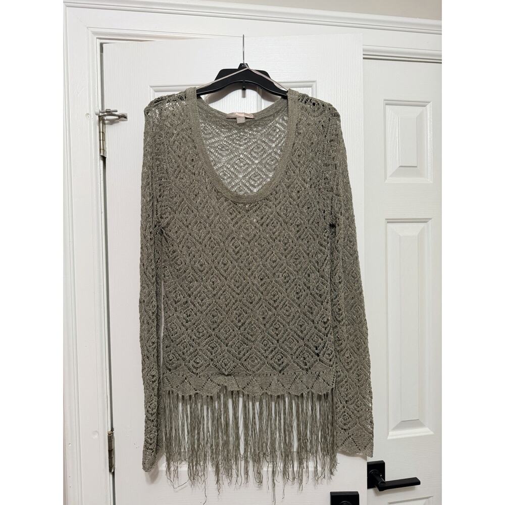 Green Crochet and fringe overlay boho top- Size L